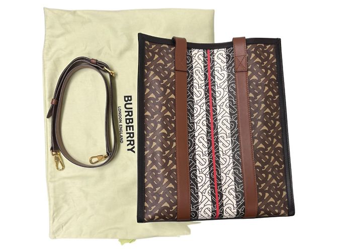 Burberry Small Monogram Stripe E-Canvas Portrait Tote Bag Braun - Ansicht 8