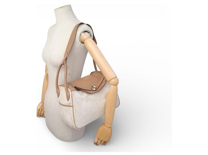 Hermès BORSA HERMES LINDY 30 2008 IN CANVAS E PELLE SWIFT BEIGE - vista 5