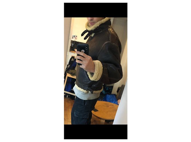 Autre Marque Brown leather aviator jacket with shearling collar - view 4