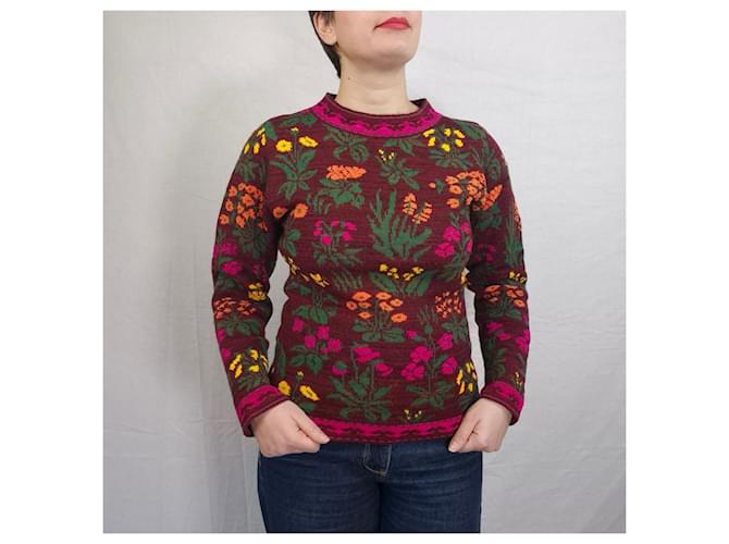 Kenzo Jungle bordeauxfarbener Pullover mit Blumen 1980er Mehrfarben Bronze - Ansicht 4