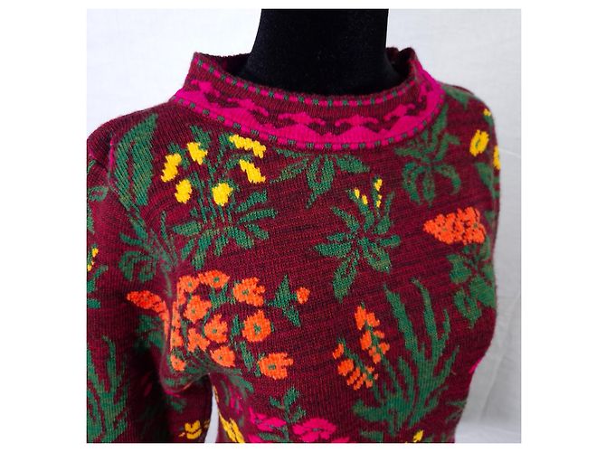 Kenzo Jungle bordeauxfarbener Pullover mit Blumen 1980er Mehrfarben Bronze - Ansicht 6