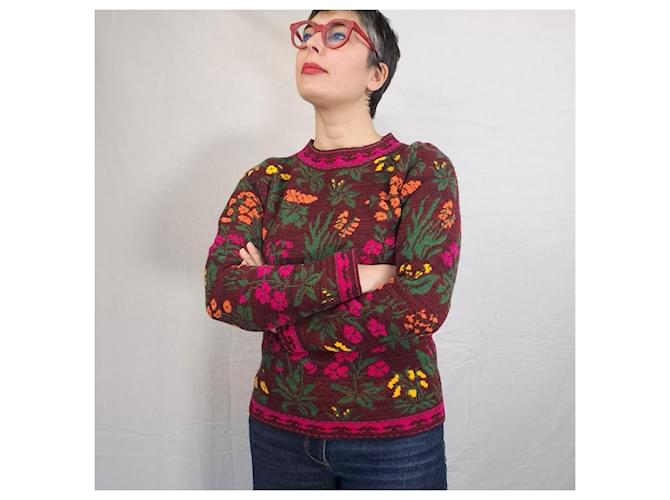 Kenzo Jungle bordeauxfarbener Pullover mit Blumen 1980er Mehrfarben Bronze - Ansicht 7