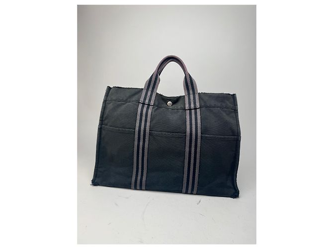 Vintage Hermès Canvas Tote Bag schwarz grau - Ansicht 3