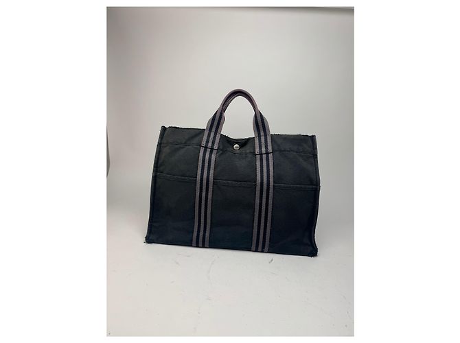 Vintage Hermès Canvas Tote Bag schwarz grau - Ansicht 8