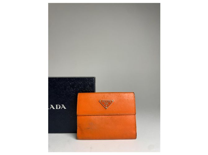 Saffiano Vintage Prada Triangle Leather Wallet Orange - view 6