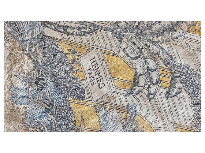 Sciarpa Hermès 'Faubourg Tropical' in cashmere Bianco Blu Beige - vista 12