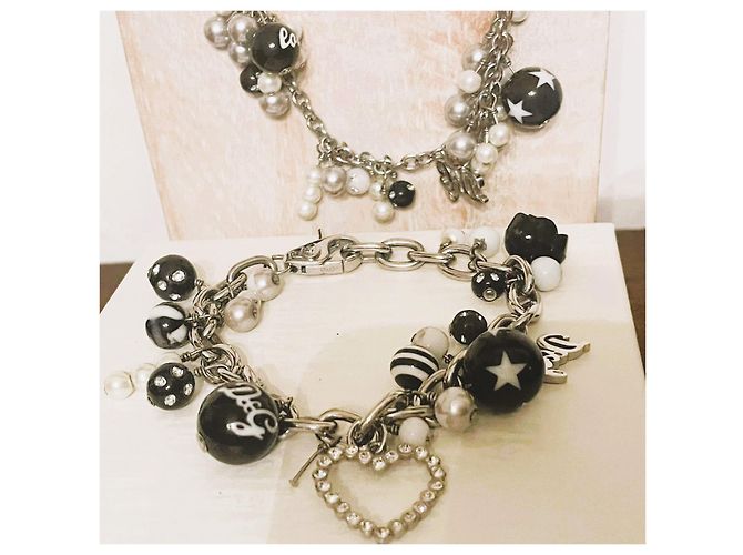 Magnifica parure DOLCE & GABBANA collana bracciale orecchini con perle nere swarovski logo e scritte Nero Argento - vista 5