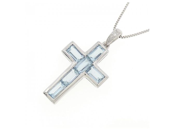 Autre Marque Aquamarin-Diamant-Halskette Pt900/Pt850 Silber - Ansicht 3