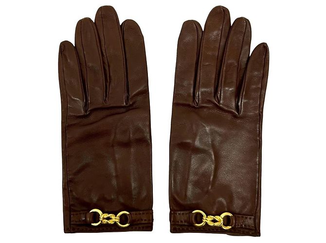 Luvas de couro marrom Hermès com hardware dourado torcido - vista 2