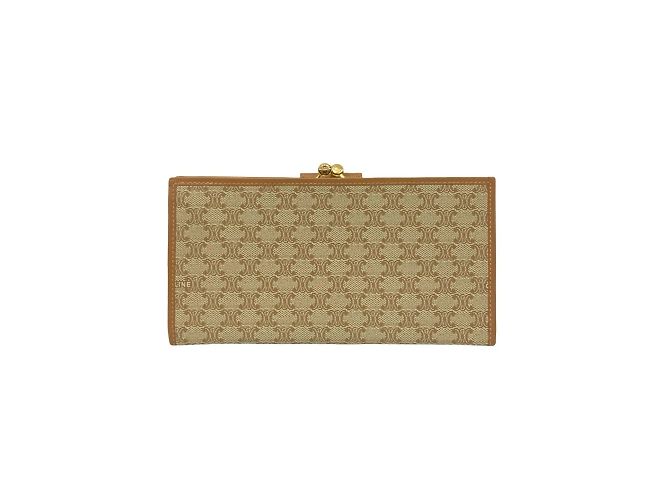 Céline Celine Macadam Triomphe Logo Leder Bifold Geldbörse mit Verschluss Braun Beige - Ansicht 2