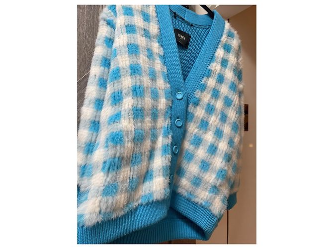 Fendi Karierte Pelzjacke in Hellblau und Weiß - Ansicht 12