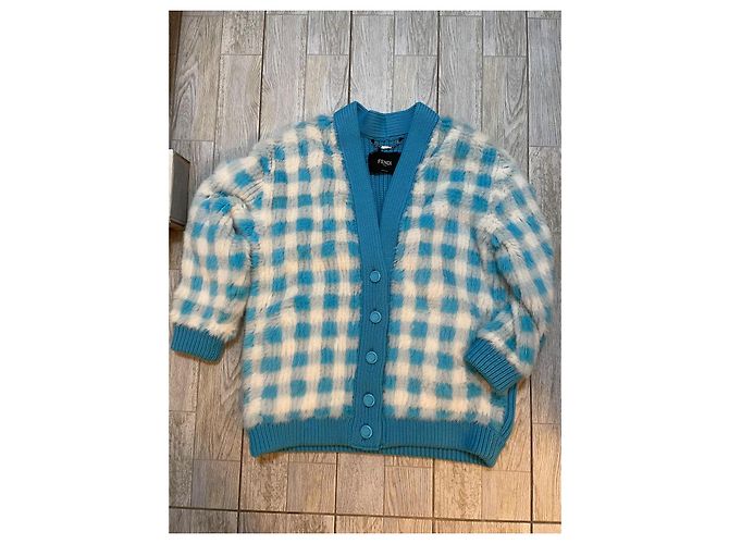 Fendi Karierte Pelzjacke in Hellblau und Weiß - Ansicht 3