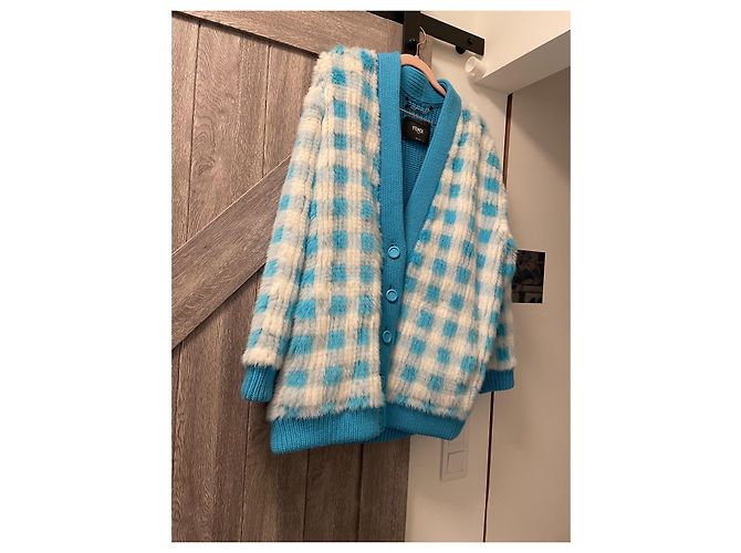 Fendi Karierte Pelzjacke in Hellblau und Weiß - Ansicht 4