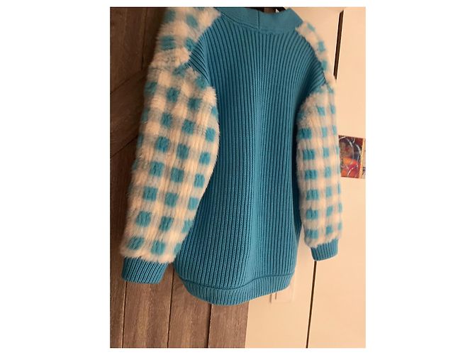 Fendi Karierte Pelzjacke in Hellblau und Weiß - Ansicht 5