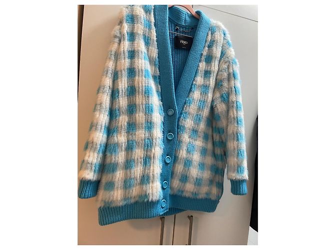 Fendi Karierte Pelzjacke in Hellblau und Weiß - Ansicht 6