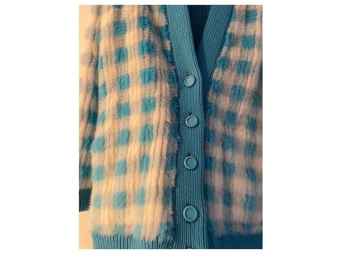Fendi Karierte Pelzjacke in Hellblau und Weiß - Ansicht 7