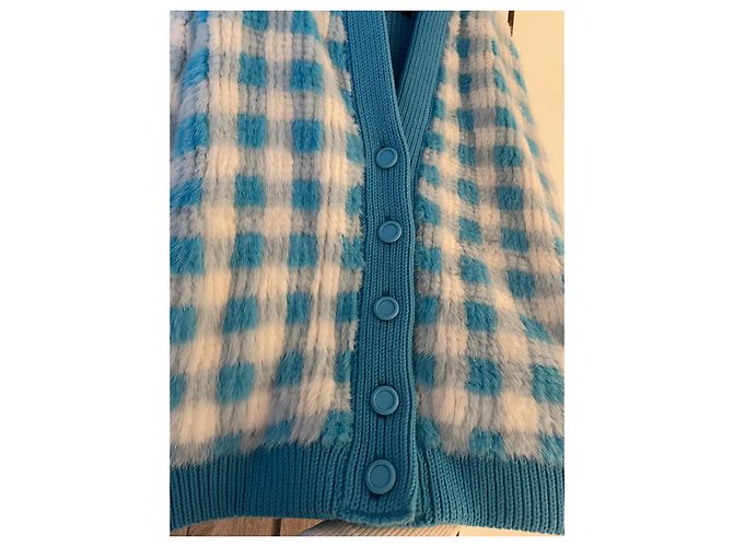 Fendi Karierte Pelzjacke in Hellblau und Weiß - Ansicht 8