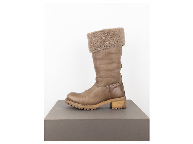 Prada AW11 Knielange Shearling Biker Stiefel Braun - Ansicht 3