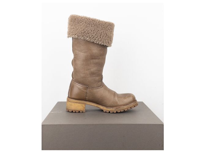 Prada AW11 Knielange Shearling Biker Stiefel Braun - Ansicht 4