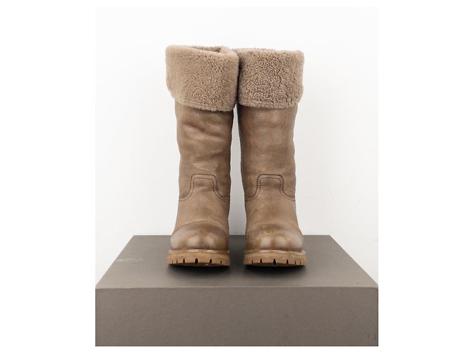Prada AW11 Knielange Shearling Biker Stiefel Braun - Ansicht 5