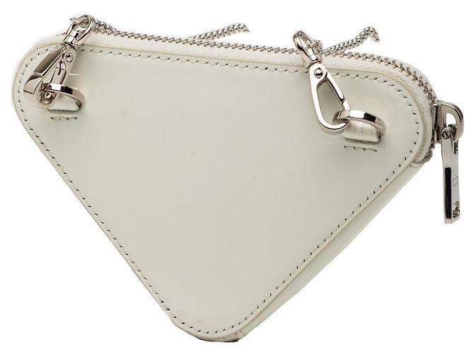 Prada White Mini Brushed Leather Triangle Chain Pouch Eggshell - view 2