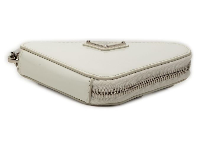Prada White Mini Brushed Leather Triangle Chain Pouch Eggshell - view 3