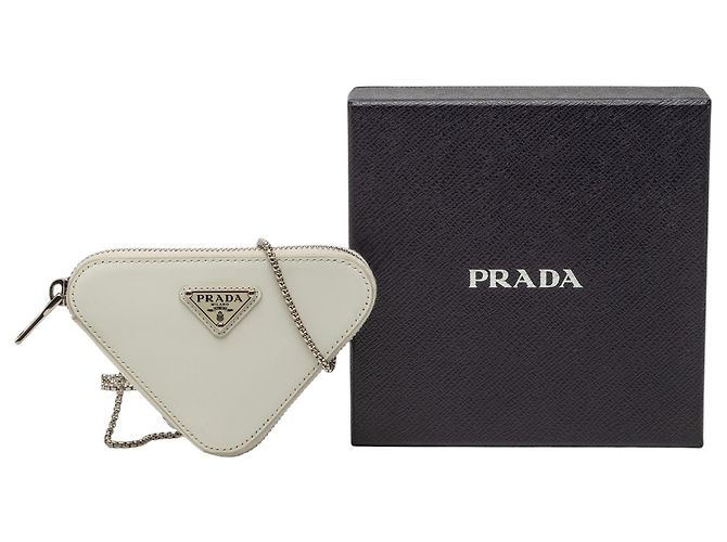 Prada White Mini Brushed Leather Triangle Chain Pouch Eggshell - view 6