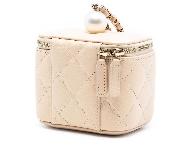 Chanel Mini Vanity Case in Caviar Iridescente Marrone con Catena e Perla in Alto Beige - vista 2