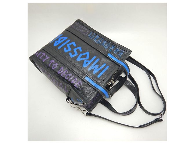 Borsa Balenciaga Bazaar Shopper XS Nero Blu - vista 4
