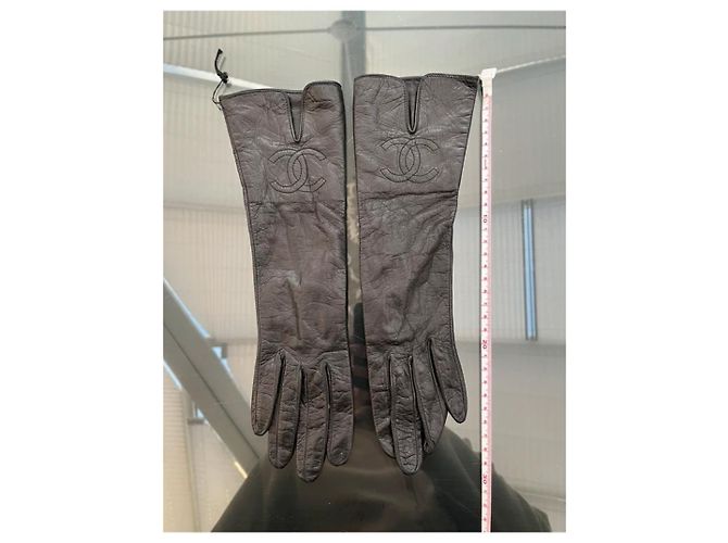 Vintage Chanel Lammleder lange Handschuhe - Besticktes CC - Größe 6.5 Schwarz - Ansicht 8