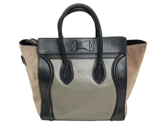 Borsa tote Céline Tricolor Luggage in pelle e camoscio nero beige khaki Cachi - vista 2