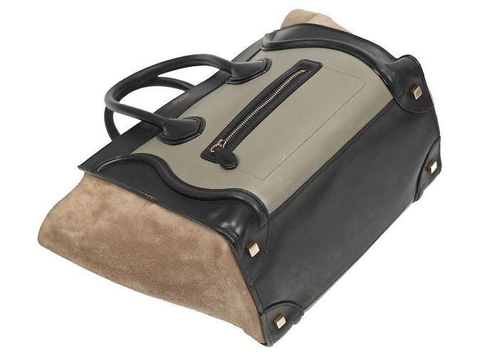 Borsa tote Céline Tricolor Luggage in pelle e camoscio nero beige khaki Cachi - vista 3