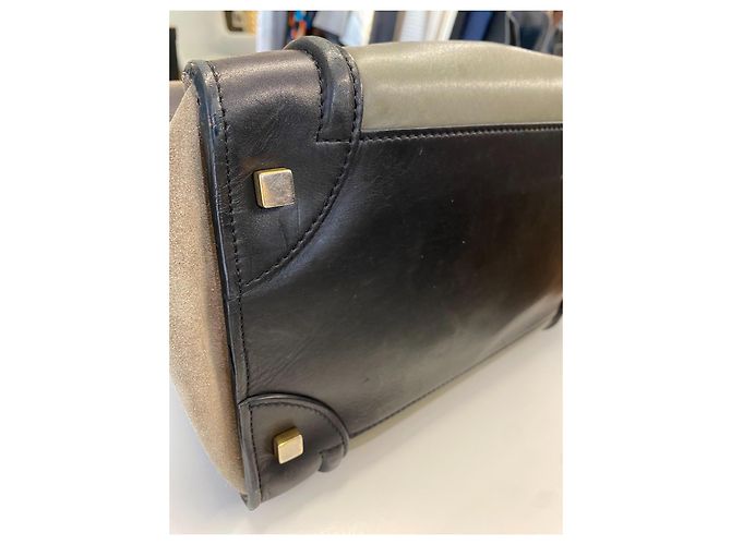 Borsa tote Céline Tricolor Luggage in pelle e camoscio nero beige khaki Cachi - vista 5
