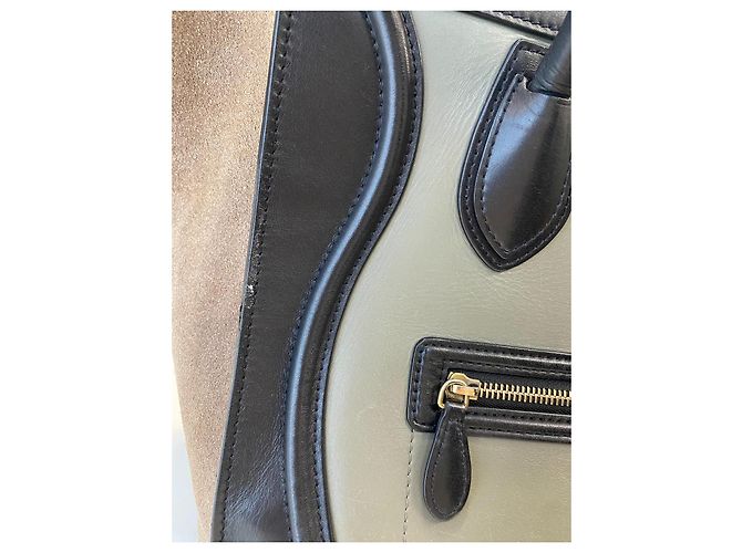Borsa tote Céline Tricolor Luggage in pelle e camoscio nero beige khaki Cachi - vista 7