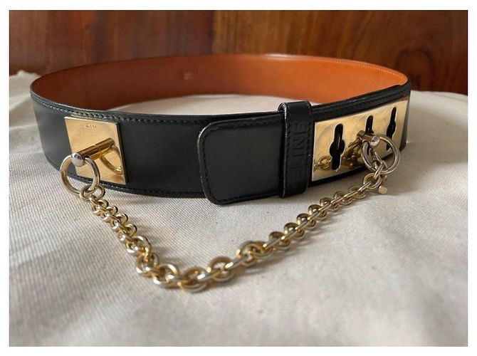 Céline Cinto de couro Celine com hardware dourado e corrente Preto Gold hardware - vista 2