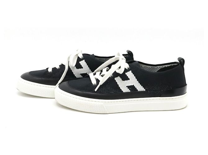 Hermès Tiefe Strick-Leder-Sneaker Schwarz Weiß - Ansicht 2