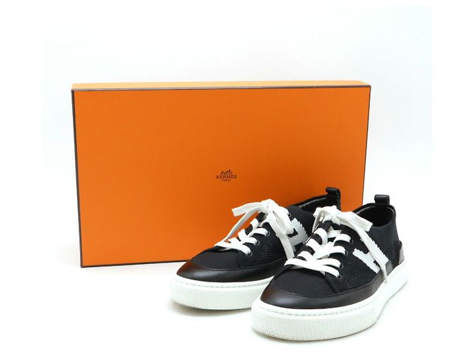 Hermès Tiefe Strick-Leder-Sneaker Schwarz Weiß - Ansicht 7