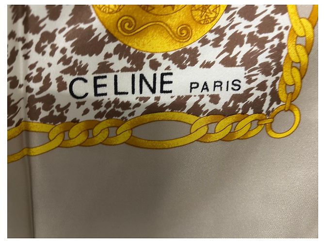 Foulard Céline in seta stampa animalier e catene dorate Marrone Bianco Beige D'oro - vista 13