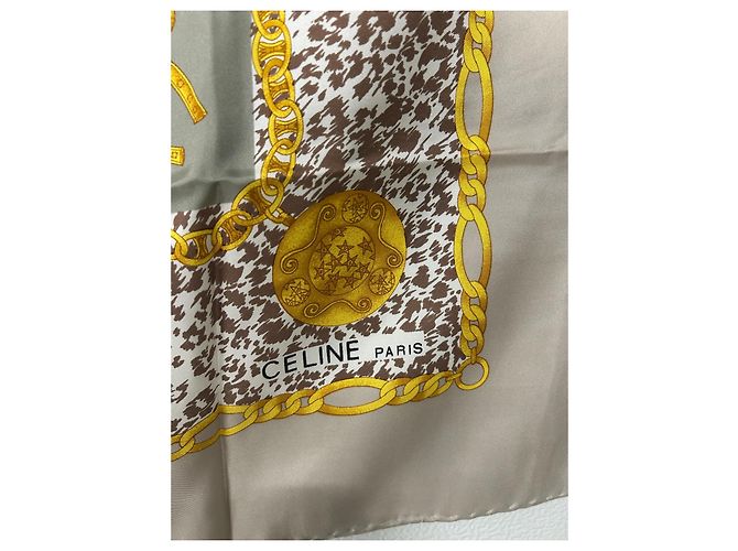Foulard Céline in seta stampa animalier e catene dorate Marrone Bianco Beige D'oro - vista 4
