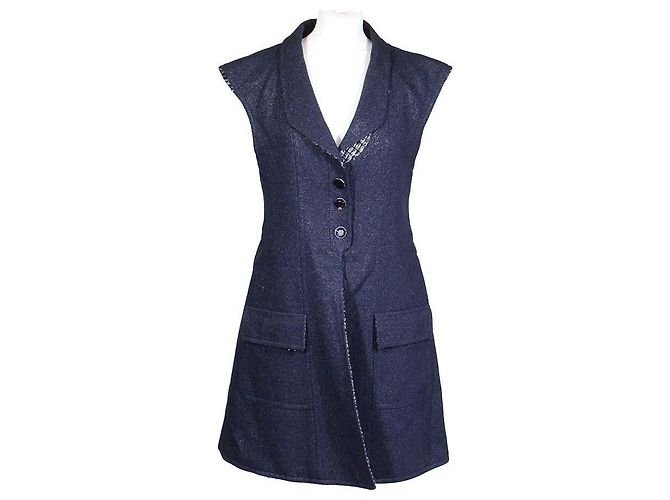 Abito senza maniche Chanel in tweed blu navy - vista 3