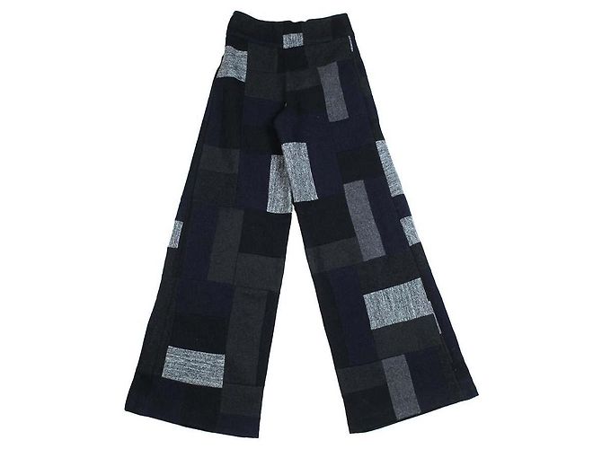 Calça larga Chanel em lã com padrão de patchwork preto e cinza - vista 2