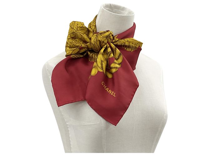 Chanel Coco Mark scarf, women's, branded silk, red and yellow, large, grape tassel, fruitful plant design - view 2