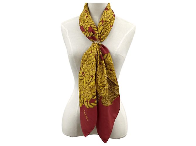 Chanel Coco Mark scarf, women's, branded silk, red and yellow, large, grape tassel, fruitful plant design - view 3