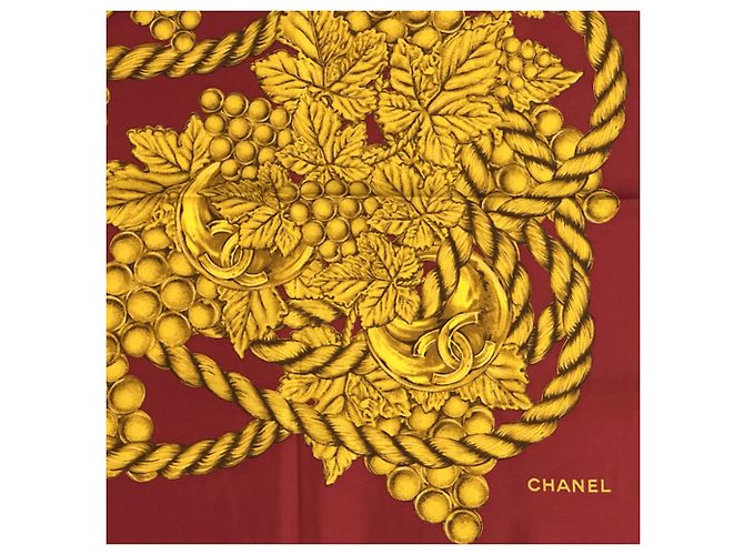 Chanel Coco Mark scarf, women's, branded silk, red and yellow, large, grape tassel, fruitful plant design - view 5