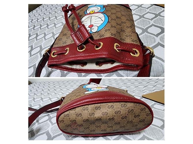 Borsa a secchiello mini in tela rivestita Gucci Doraemon x Gucci Beige Bordò - vista 9
