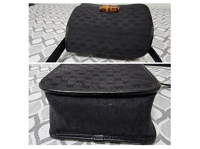 Bamboo GUCCI Vintage Micro GG Canvas Schultertasche Schwarz mit Bambus - Ansicht 6