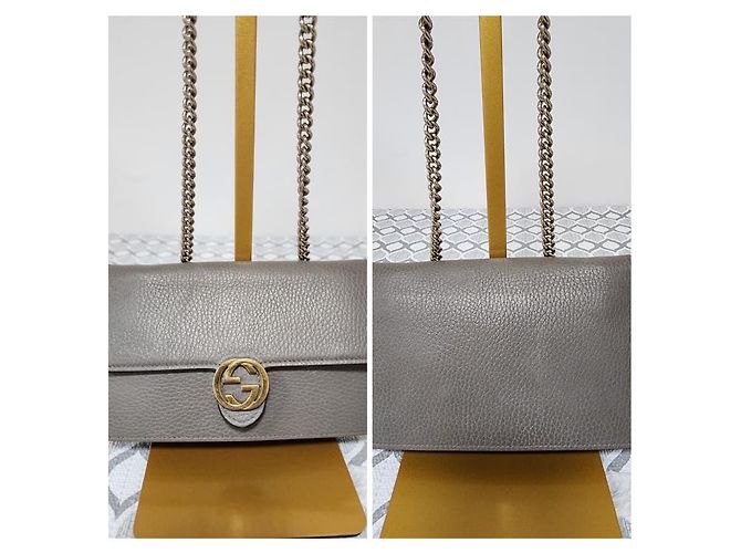 GUCCI Leder Geldbörse mit Dollar Interlocking G Klappe an Kette Grau - Ansicht 5