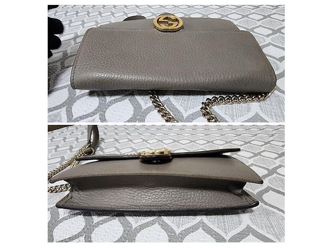 GUCCI Leder Geldbörse mit Dollar Interlocking G Klappe an Kette Grau - Ansicht 6