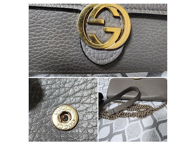 GUCCI Leder Geldbörse mit Dollar Interlocking G Klappe an Kette Grau - Ansicht 7