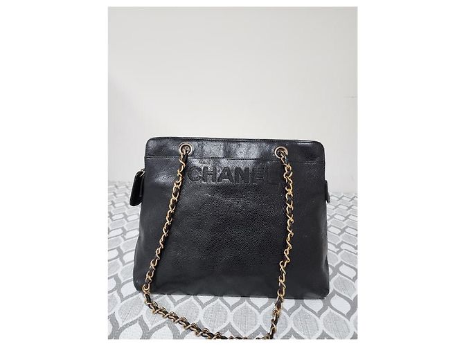 Borsa a spalla in caviale con logo ricamato Chanel nera Nero - vista 5